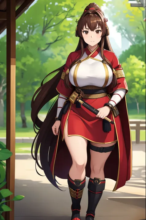 a woman wearing heavy red samurai armor with gold details, red cape, long brown hair, ponytail hair, brown eyes, katana at the w...