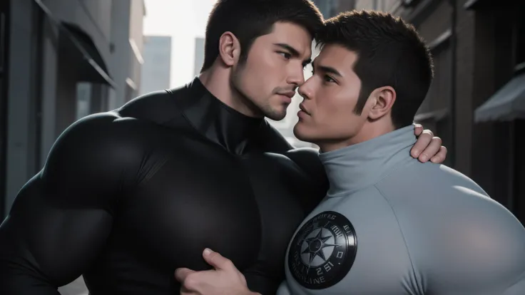 Super muscular man hugging and kissing,  Open mouth and scream，Look at each other affectionately，They hugged each other affectionately，Buzz Cut，On the old-style outdoor street under the hot sun, Wear a long-sleeved, deep turtleneck bodysuit, Thickened warm...