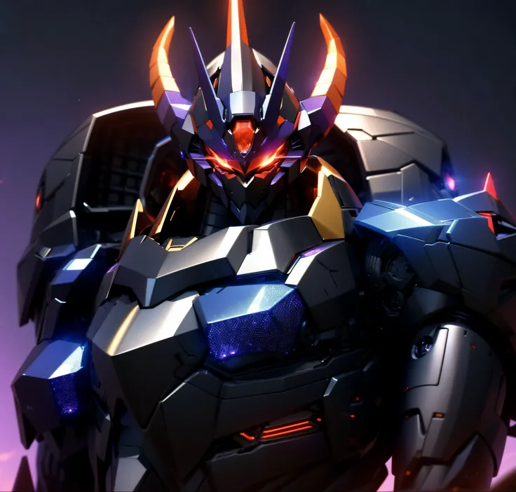 Robot, red mono eyes, blue and purple gradient body, high quality, golden horns on head, heavily armored,Robot, red glowing mono eyes, purple field body, high quality, silver horns on head, heavily armored, blue black shoulders, arm armor in austere shade,