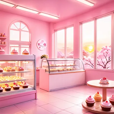 pastel pink bakery. sakura windows. cute cakes. sunset. inside of the bakery. japanese theme. kawaii. wide view