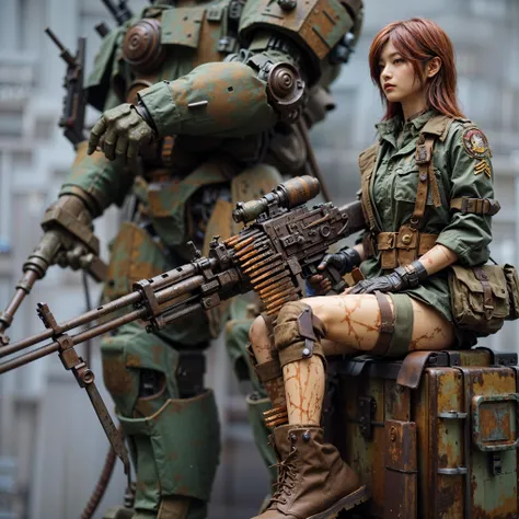 ultra high res,8k,(Photorealsitic:1.4), (beast-like animal wear:1.2), designed by Hajime Katoki,heavy weapons,metallic textures,animal legs, (red hair), japanese female soldier,(ultra beautiful face),((super realistic all textures)), ((super intricate all ...