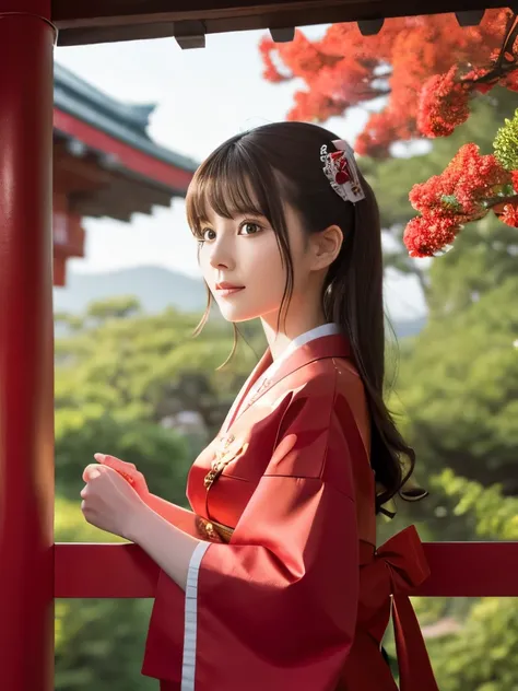 Highest Resolution:1.2,Realistic:1.5, Red dress, Shrine maiden, Japanese shrine background, One girl, masterpiece, highest quality, Very detailed, High definition, Professional Photography