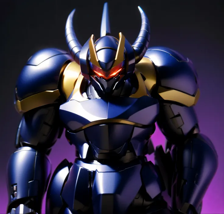 Robot, red mono eyes, blue and purple gradient body, high quality, golden horns on head, heavily armored,Robot, red glowing mono eyes, purple field body, high quality, silver horns on head, heavily armored, blue black shoulders, arm armor in austere shade,