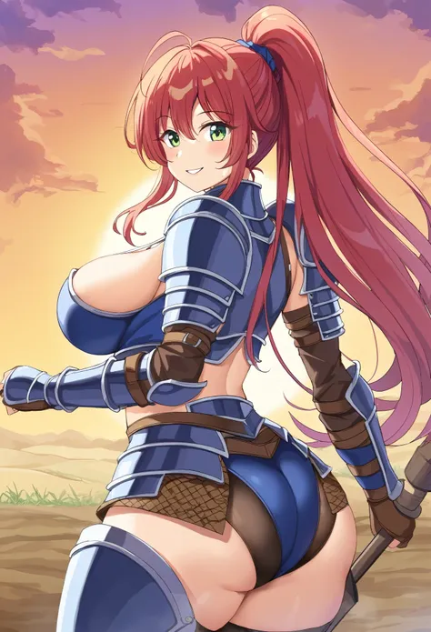 solo,Red hair、（（long　ponytail：1.8））,（blue　armor）、(blue　knight armor) ,cleavage、big breasts、green eyes,(((grassland)))、smile、walk on a dirt road、back view、perspective from behind、butt、(((sunset)))