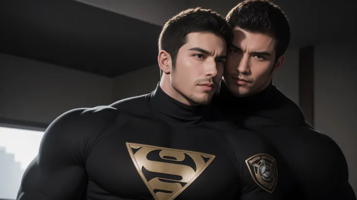 Super muscular man hugging, kissing and caressing, They slept in bed hugging each other，Look at each other affectionately，They hugged each other affectionately，Buzz Cut，In the bedroom of a luxurious and noble mansion, Wear a dark khaki turtleneck with long...