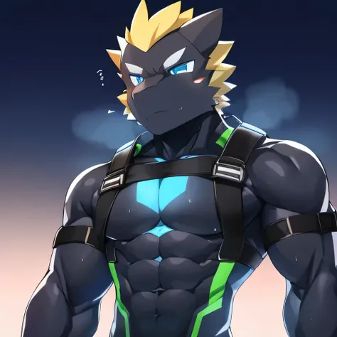 Thin macho　western black dragon　　abs　　　　　Hollow abs　　body suit　　thick arms　　　chest rig　　　、sweaty　　　skin glow　　profile　　Wearily　short of breath　　  　Chemo shota　　
have a 　blue eyes　Tired look　Glowing abs　Deep abdominals jacket