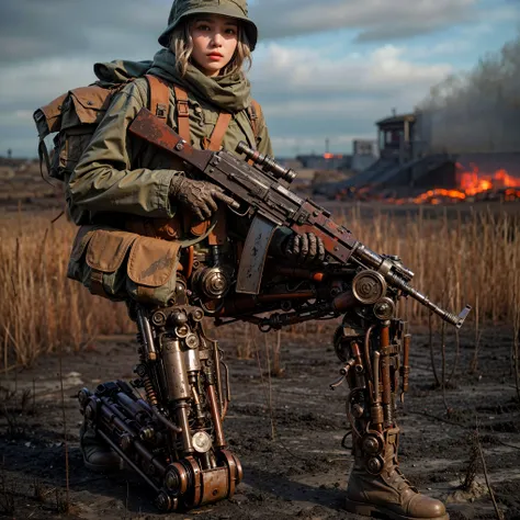 ((super intricate all details)),((super realistic all textures)),Overall photo of a female soldier sitting on a piece of fictional WWII Japanese military type weapon, beautiful face, dirty clothes, very intricate details, olive drab paint, peeling paint, w...