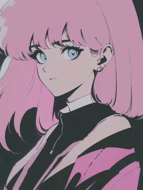 fluffy hair, bangs, oversized jacket, bright pink jumpsuit, large earrings, retro anime style, 90s aesthetics, 2000s millennial ...