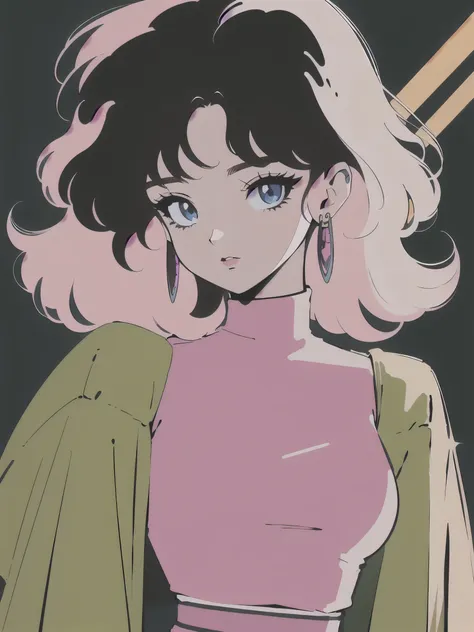 fluffy hair, bangs, oversized jacket, bright pink jumpsuit, large earrings, retro anime style, 90s aesthetics, 2000s millennial ...