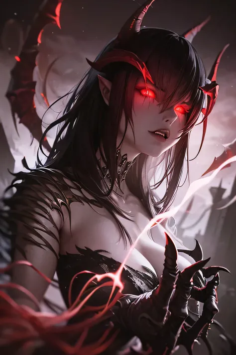 curiosity as a female demonic mutant mage,dark fantasy,horror,highly detailed,digital painting,cinematic lighting,dramatic composition,chiaroscuro,moody atmosphere,strong contrast,glowing eyes,sharp fangs,twisted horns,skeletal features,veiny skin,clawed h...