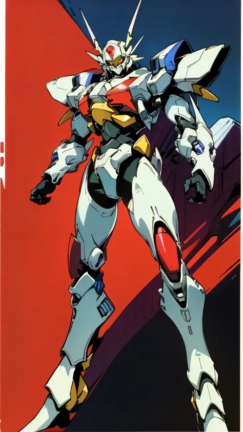 Humanoid Mecha, fully enclosed shoulder guards, matching arm and leg guards, full body, full armor, the design balances heavy with agility, (the color scheme is primarily white with red and blue accents, the concept Inspired by Super robot, organic biotech...