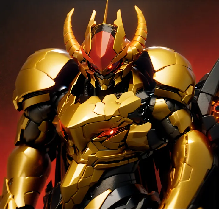 Robot, red mono eye, red body, high quality, golden horns on head, heavily armored,Robot, red mono eye, red body, high quality, golden horns on head, heavily armored, reddish-black shoulders, arm armor is an austere shade, sunset background,