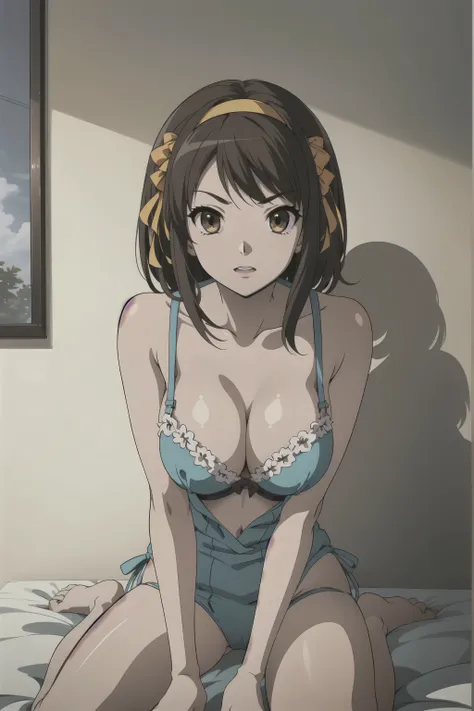 (A superb exquisite haruhi suzumiya), (haruhi suzumiya:1.5), brown eyes, brown hair, natural straight hair, hairband, ribbon, straight bangs, solo, nature, extremely delicate, straight facial features, peerless beautiful girl, soft, (sensual face), ((ecchi...