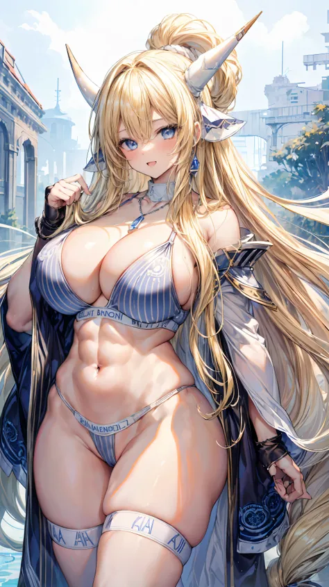 Very detailed、highest quality、Best image quality、masterpiece、8k、Sparkling blue eyes、Anime Face、A kind smile、(Open your mouth)、(Blonde long hair:1.5)、(SFW Giant:1.5)、Cowboy Shot、(White Thong:1.5)、(Muscles of the whole body)、Horn、Professionally、(necklace)