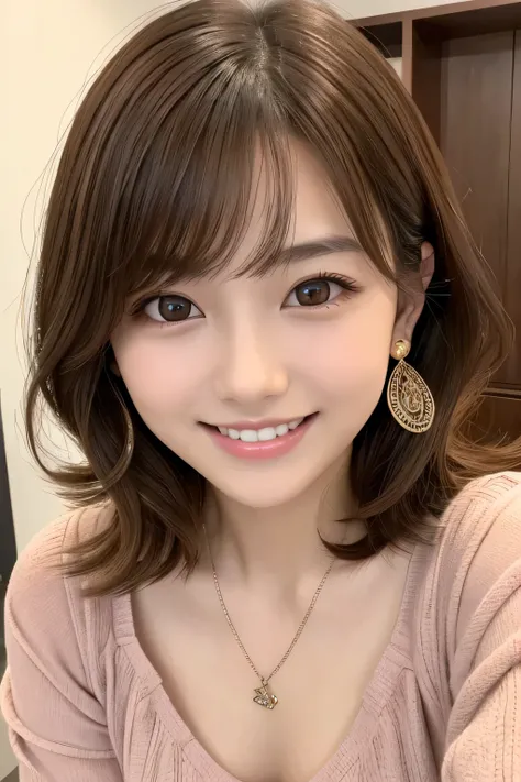 １９Young Woman of Age、 Japanese women、Light brown hair、Wavy Hair、short hair、ear piercing、Necklace around the neck、blouse、smile, Beautiful teeth alignment、Intricate details, Very detailed:1.2), 、 Looking into the camera,The background is in the room
