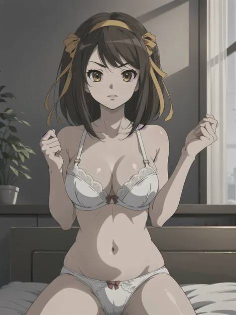 (A superb exquisite haruhi suzumiya), (haruhi suzumiya:1.5), brown eyes, brown hair, natural straight hair, hairband, ribbon, straight bangs, solo, nature, extremely delicate, straight facial features, peerless beautiful girl, soft, (sensual face), ((ecchi...