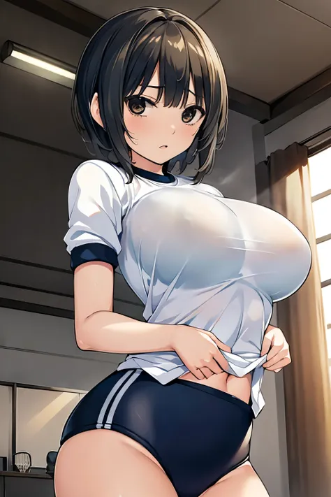 (masterpiece, highest quality, super detailed), (sumika), 1girl,  (slim:1.7), short hair, black hair, (big breasts:1.2),(round breast),full bust,busty,ample breast,slender,skinny body,(clothed bra),(bra under the shirt), raised, Wet , Sweat,  beautiful fac...