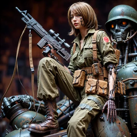 ((super intricate all details)),((super realistic all textures)),Overall photo of a female soldier sitting on a piece of fictional WWII Japanese military type weapon, beautiful face, dirty clothes, very intricate details, olive drab paint, peeling paint, w...