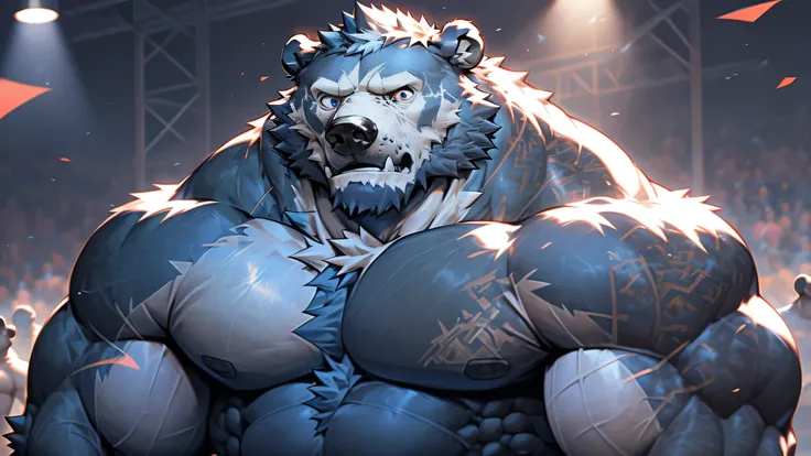 a huge muscular grizzly bear,brown fur, being shirtless wearing a black speedo,posing in a bodybuilding contest,disney 2D furry art style,hyper detailed,highly realistic,intricate details,award winning digital art,vibrant colors,studio lighting,oil paintin...