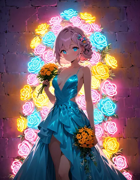 composition, Thematic, Light Staging, The background is simple, Standing in a neon voluminous evening dress with a long train, Very impressive and beautiful. , View your viewers, Holding a bouquet of neon flowers. Hair and eyes glow with neon lights