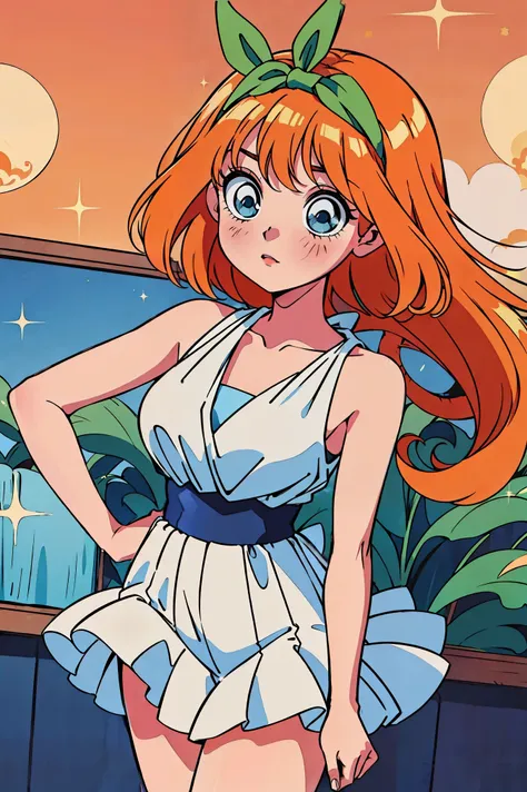 Yotsuba nakano, dancing in the moonlight, dynamic pose, moonlight background, full body, dancing girl, pretty flowing dress, wind, sweet dreamy face, (Old anime, vintage anime, 90s anime style, naoko takeuchi style, masterpiece、top-quality, Official art、Be...