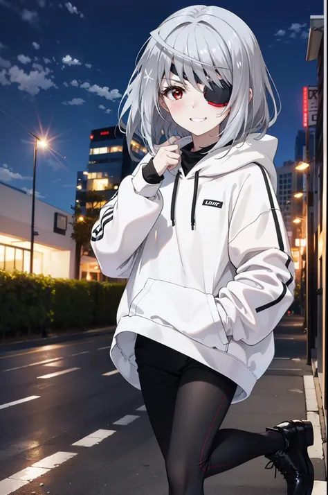 laurabodewig, laura bodewig, long hair, (red eyes:1.3), grey hair, eye patch,smile,blush,grin,oversized black hoodie,short denim...