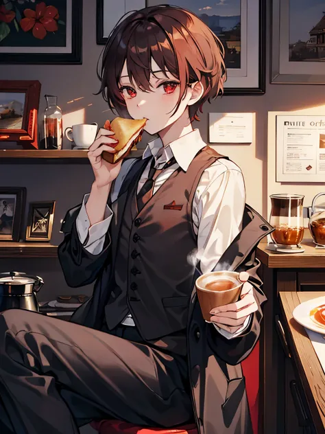 　male　Short Hair　Red eyes　Brown Hair　Coffee shop　Tea cup　Drinking tea　trench coat　blouse　Black vest　tie　Sit down and eat a sandwich