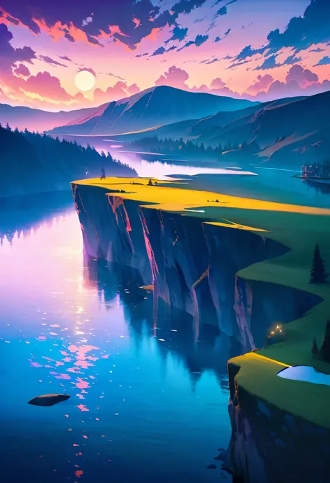 Photos that capture the essence of the magical world of dreams. A magnificent and legendary cliff jutting out over a beautiful lake, Surreal and vibrant colors illuminate the reflection.. The atmosphere is otherworldly, The soft evening light casts a fanta...