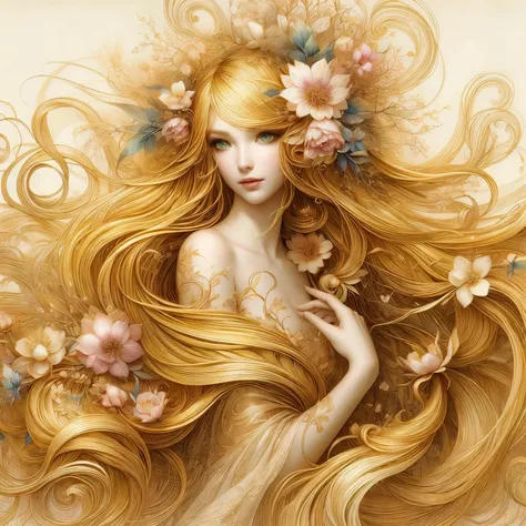 high quality, 8K Ultra HD, etching aquatint, fine lines and shadows, In the heart of Floral Fantasy Wonderland, behold a captivating and ethereal spirit of a beautiful maiden, gracefully adorned with the essence of blooming flower, Her golden long flowing ...