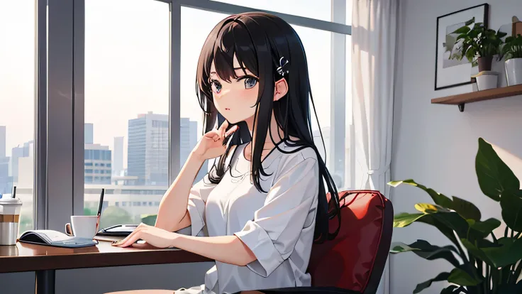 Black-haired girl in headphones relaxing and studying while drinking coffee　room