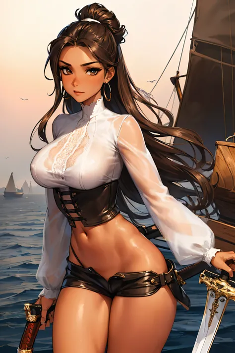 (masterpiece), best quality, expressive eyes, perfect face, (pirate ship background), (standing), (smirk), (closeup view), (1girl, vanessa alessia, dark skin, tanned skin, brown hair, wavy hairstyle, brown eyes, hourglass figure, thin body, skinny body, pe...