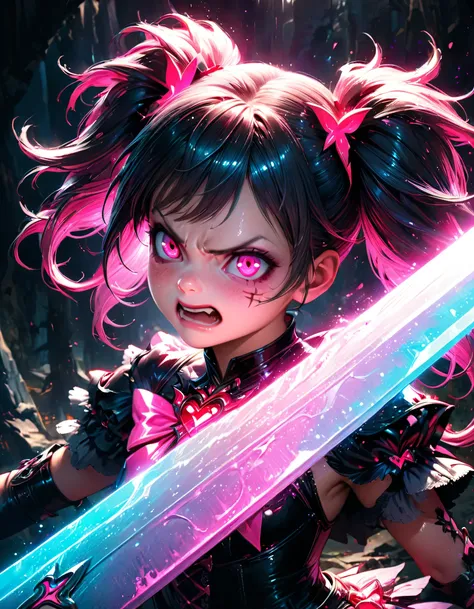 (highest quality), Fantasy illustration art, Shiny colorful lighting, Big sword, Magical girl, Gothic, Twin tails, Realistic, Super detailed, High resolution, anime,  Glowing neon color palette, Cute Face, Angry expression