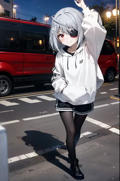 laurabodewig, laura bodewig, long hair, (red eyes:1.3), grey hair, eye patch,smile,blush,grin,oversized black hoodie,shorts,blac...