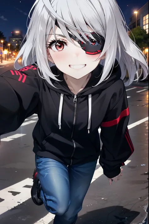 laurabodewig, laura bodewig, long hair, (red eyes:1.3), grey hair, eye patch,smile,blush,grin,oversized black hoodie,short denim...