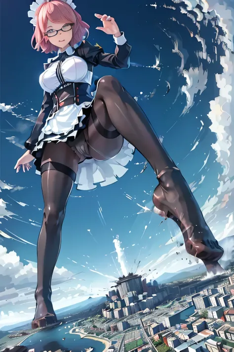 giantess art, highly detailed giantess shots, giantess, Two legs, Five fingers, short hair, A beautiful girl who is bigger than a skyscraper, Wearing rimless glasses, smile, Big Breasts, Maid clothes, Black Pantyhose, black pantyhose, no shoes on, toes vis...