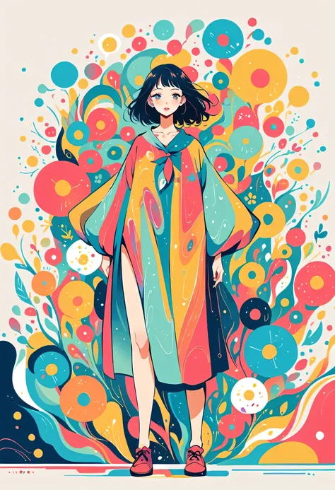 Takashi Murakami style, Standing in front of a high wall，Simple Line Initialism，Abstract art，Urban Background, (((The most beautiful girl))), Lips in Love, walking, colorful flowers