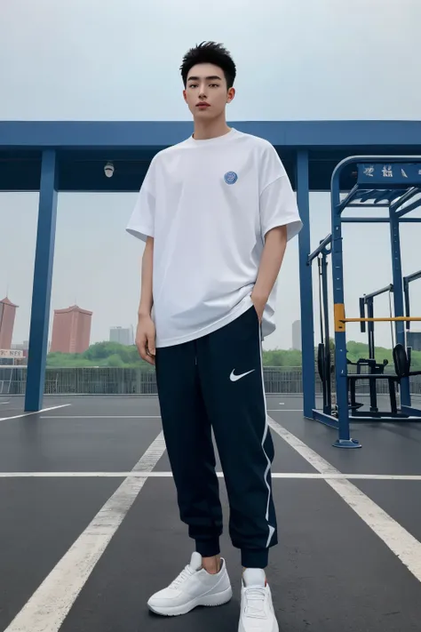 a beijing young man in a oversize "blue t shirt", black jogger trousers, and sneakers stands against a gym center background, fu...