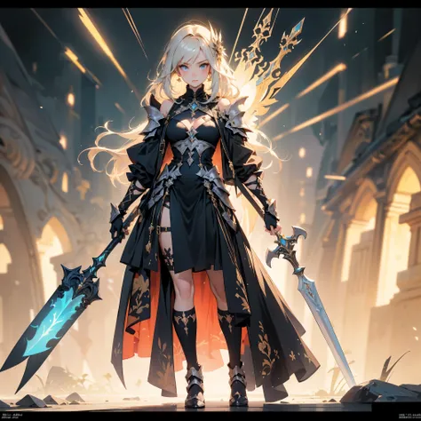 Design a layout showcase Gaming character, (1girl). Golden+Purle clothes, stylish and unique, ((showcase weapon:1.4)), magic staff, (masterpiece:1.2), (best quality), 4k, ultra-detailed, (Step by step design, layout art:1.5), (luminous lighting, atmospheri...