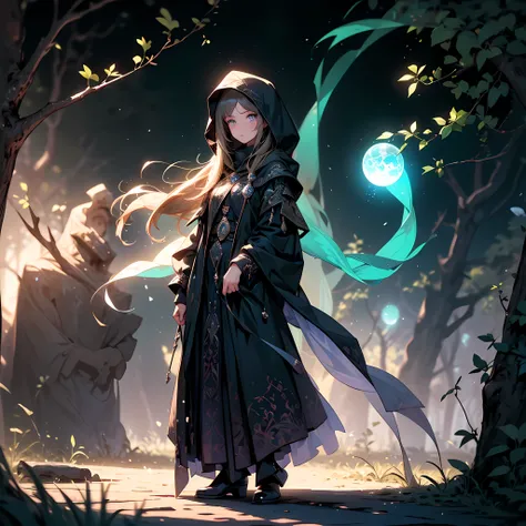 ((full body shot)) of a girl in a dark hooded cloak, standing in a completely dark environment. She is holding a glowing orb of energy in her hands, which emits a soft, ethereal light. Surrounding her are numerous small lights in shades of {blue|purple}, c...