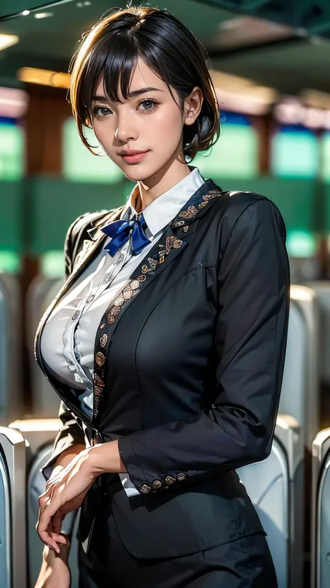 (one woman),(japanese),(short hair),(45 years old),(whole body:1.5),(front:1.5),(cabincrew),(stewardess)(are standing),(fitted f...