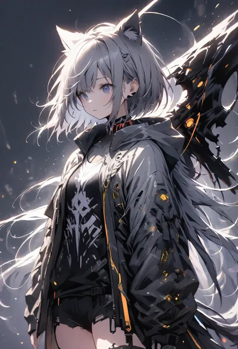 Detailed silhouette of a cyberpunk girl with cat ears and a tail, Bob Cut Hair, Flowing, Tattered coat, He has a giant scythe with a mechanical cat design on it., Stand on the glossy, Minimalist reflective surface, Soft Gray Background.