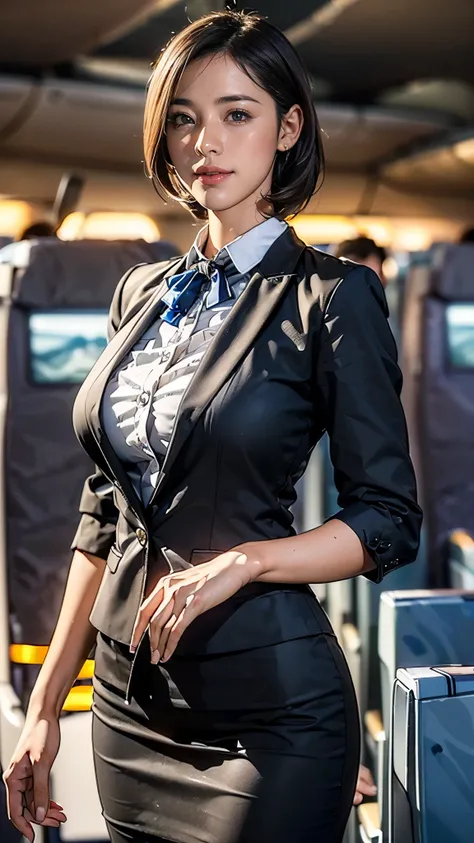 (one woman),(japanese),(short hair),(45 years old),(whole body:1.5),(front:1.5),((cabincrew)),(are standing),(fitted flight atte...