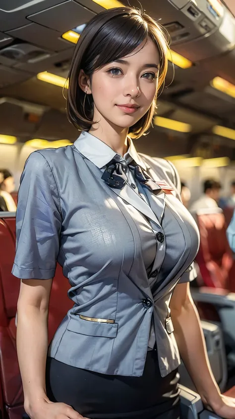 (one woman),(short hair),(45 years old),(whole body:1.5),(front:1.5),((cabincrew)),(are standing),(fitted flight attendant unifo...