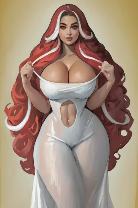 {realistic}, mature and curvy female, juicy women, seductive, dark skin, countershading, huge breasts, {{{ redhead balayage whit...