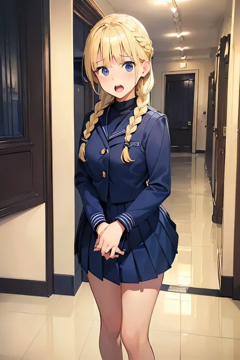 ((best quality)), ((masterpiece)), ((detailed)), (((perfect face))), (((18yo teen girl in navy blue suit, pleated skirt))), (((surprised:1.4))), (((blonde hair))), (((braid))) (((open mouth))), (((looking at viewer))), (((interior school corridor))), (((st...