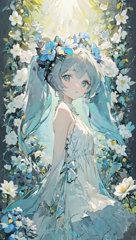 beautiful woman、hatsune miku、flower arrangement、wabi-sabi art、かわいいface、very detailed_face_eye、very detailedなface、white dress、bla...