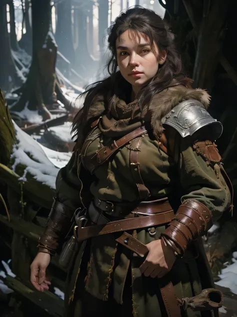 ((masterpiece、highest quality、Very detailed、High resolution、Sharp focus))、The most beautiful dungeons&Dragons artwork、Fantasy Female Dwarf、Short and chubby、Pointed Ears、Red round nose、Winter coat with leather belt around the waist、Leather pouch、White fur h...