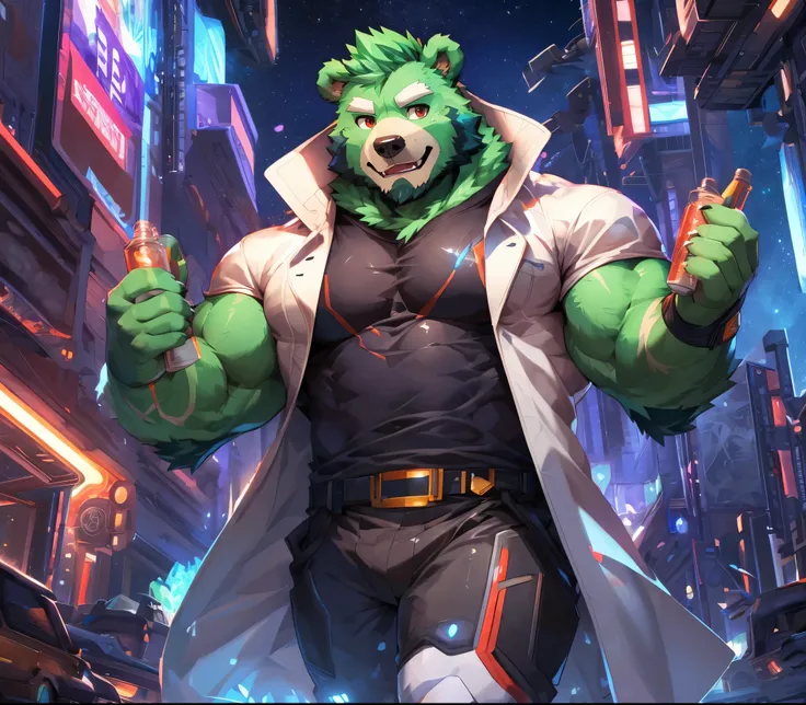 masterpiece, high quality, anime, detailed eyes, male jinpei, anthro, bear, great physique, strong arms manly, in the space, wal...