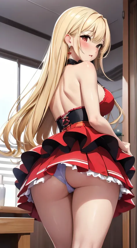 masterpiece, best quality, highres, kitagawa marin, 1girl, blonde hair, long hair, swept bangs, gradient hair, red eyes, jewelry, earrings, piercing, glossy lips, lips parted, blush, idol dress, puffy skirt, flared skirt, high heels, (view from behind), (a...