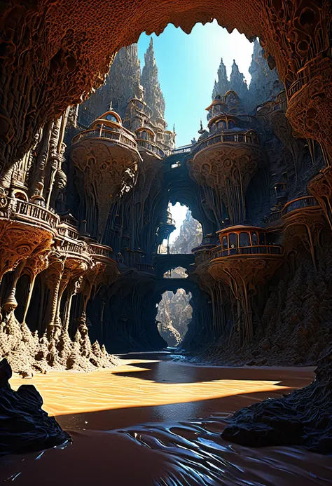 hay muchas cavidades invertidas (diferentes habitaciones, unidas por salientes de mandelbulb que forman pasadizos) in the middle of an underground canyon that makes up a mandelbulb mud village at different heights with many balconies and stalactites and st...